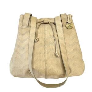 Brahmin 1980s Vintage Early Old Stock Chevron Embossed Cream Leather Bucket Bag